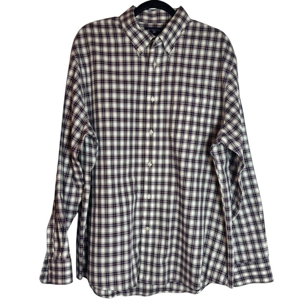 Lands' End Men's Navy and Red Plaid 100% Cotton Button Down XL Shirt